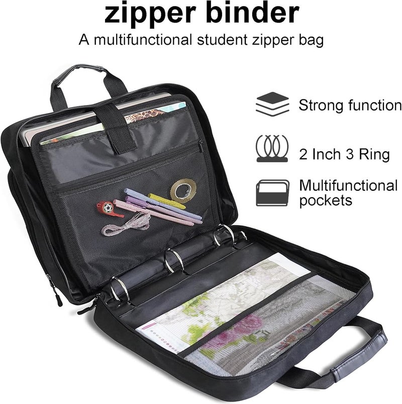 CTWWFS 2 Inch 3 Ring Zipper Binder - Trapper Keeper Binder with Strap - 500 Sheet Capacity & Multi-Pockets for School and Office (Black) - Image 2